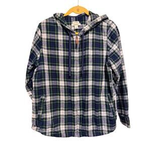 L.L. Bean Green and Blue Plaid Flannel Hooded Full Zip Shacket, Medium